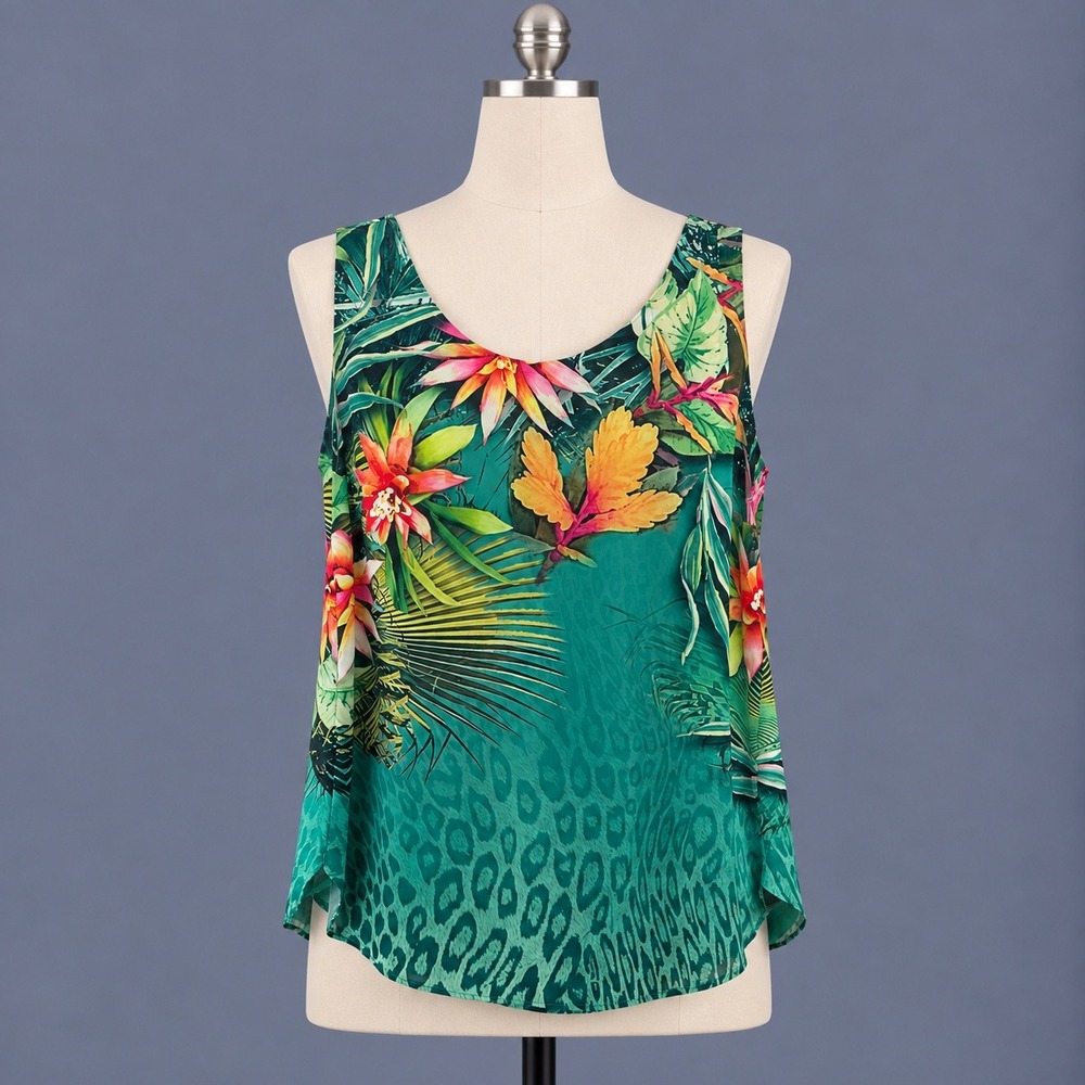 Chicos Top Womens Size 0 Small Green Tropical Floral Leopard Sleeveless Blouse